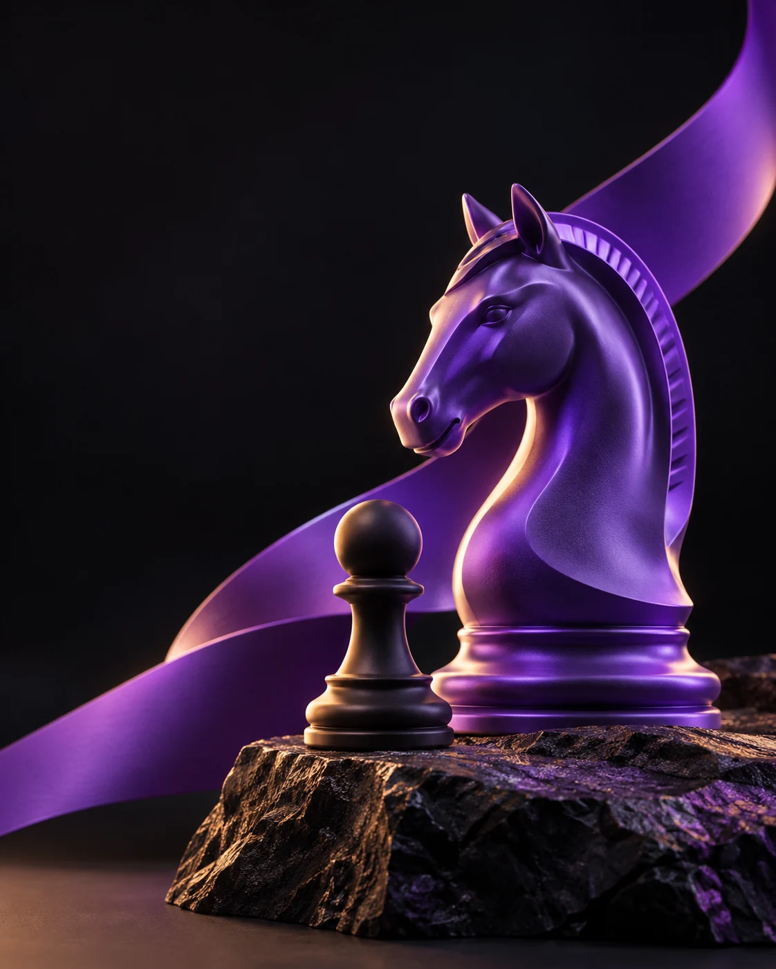 Un cavalier violet et un pion sur un socle minéral, symboles d’une stratégie réfléchie